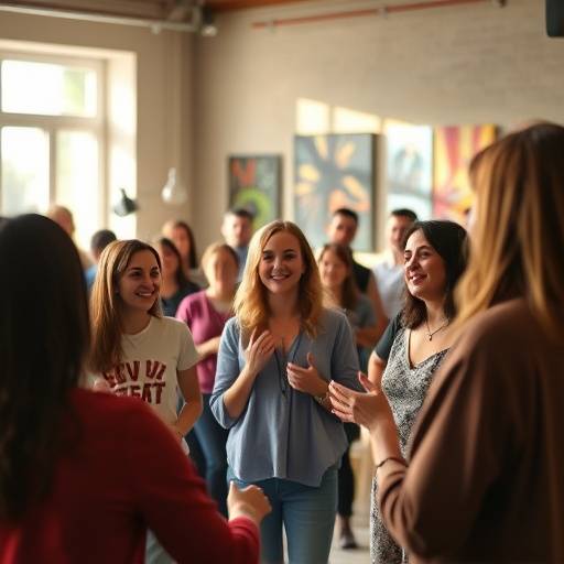 Imagen de un grupo de personas riendo y aprendiendo en un taller de improvisación, mostrando un ambiente dinámico y creativo.