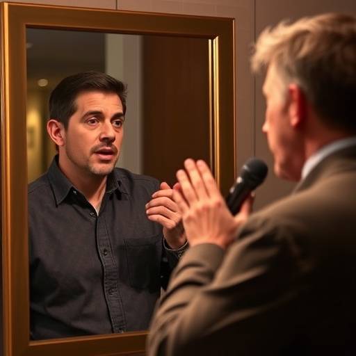 Imagen de una persona practicando su discurso frente a un espejo con un instructor a su lado.